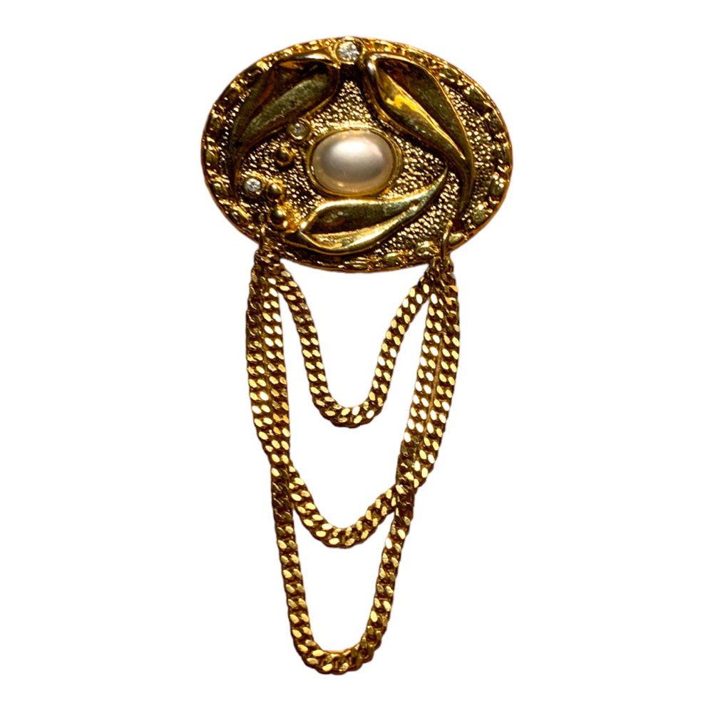 VTG Art Nouveau Tassel Gem Gold Tone Faux Pearl Jelly Belly Brooch Lapel Pin